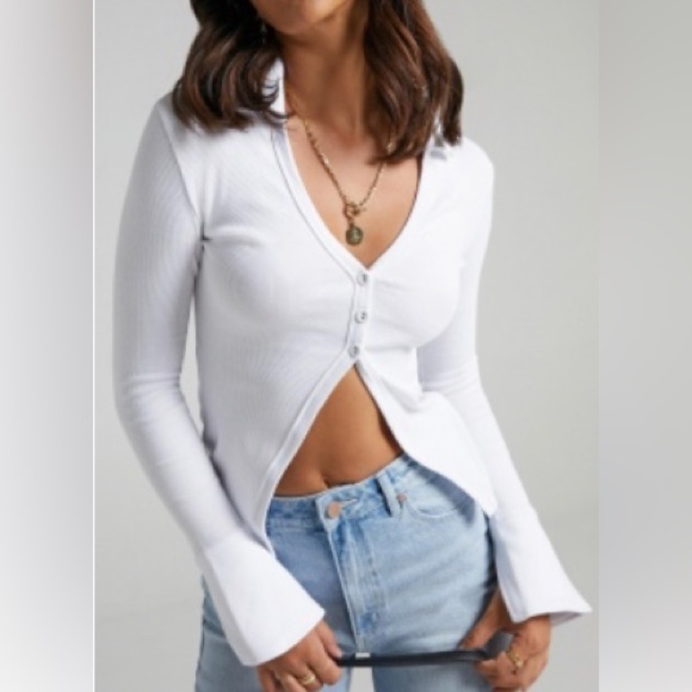 Showpo White Ribbed Button-Front Long Sleeve Top